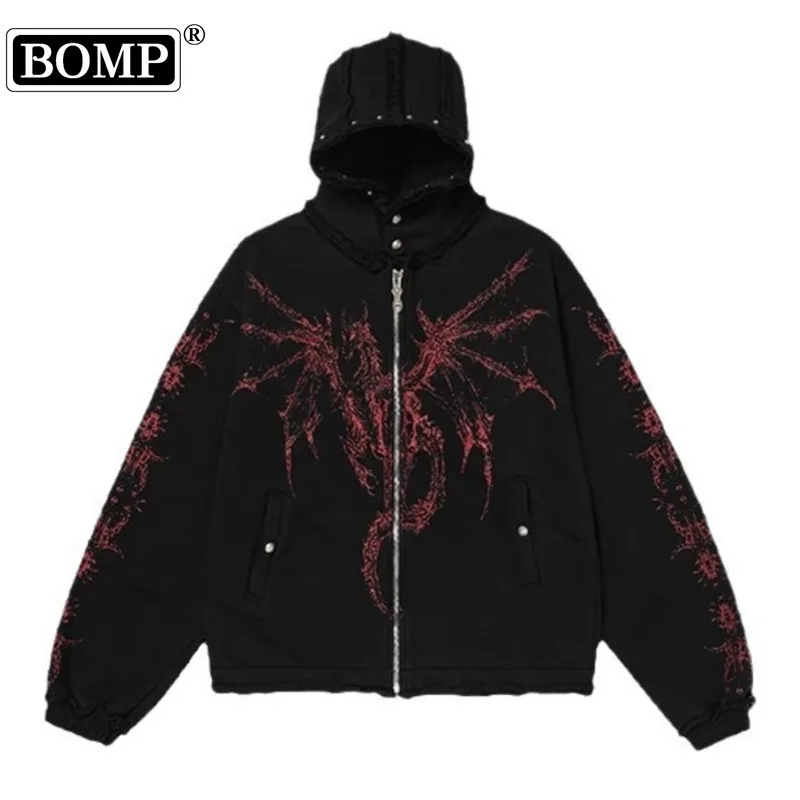 

[BOMP] Dragon Bone Devil Printed Rivet Loose Cardigan Zipper Hoodie Men's Trendy Coat