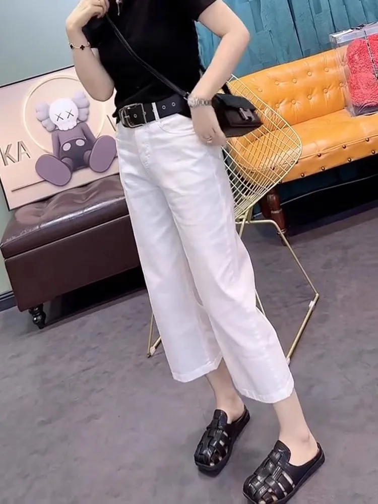 

Белые джинсы с высокой талией и широкими штанинами, женские повседневные тонкие брюки свободного покроя, утягивающие прямые джинсовые брюки длиной девять зубьев