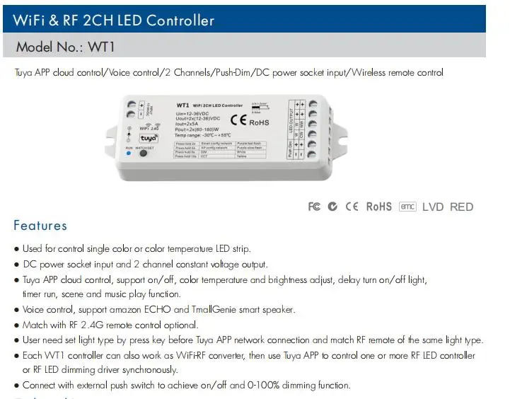 Imagem -03 - Tuya Led Controlador 12v 24v 36v dc 2ch 10a Inteligente Wifi 2.4g rf Controle Remoto sem Fio Interruptor de Escurecimento ww cw Cct Controlador Wt1 Dimer