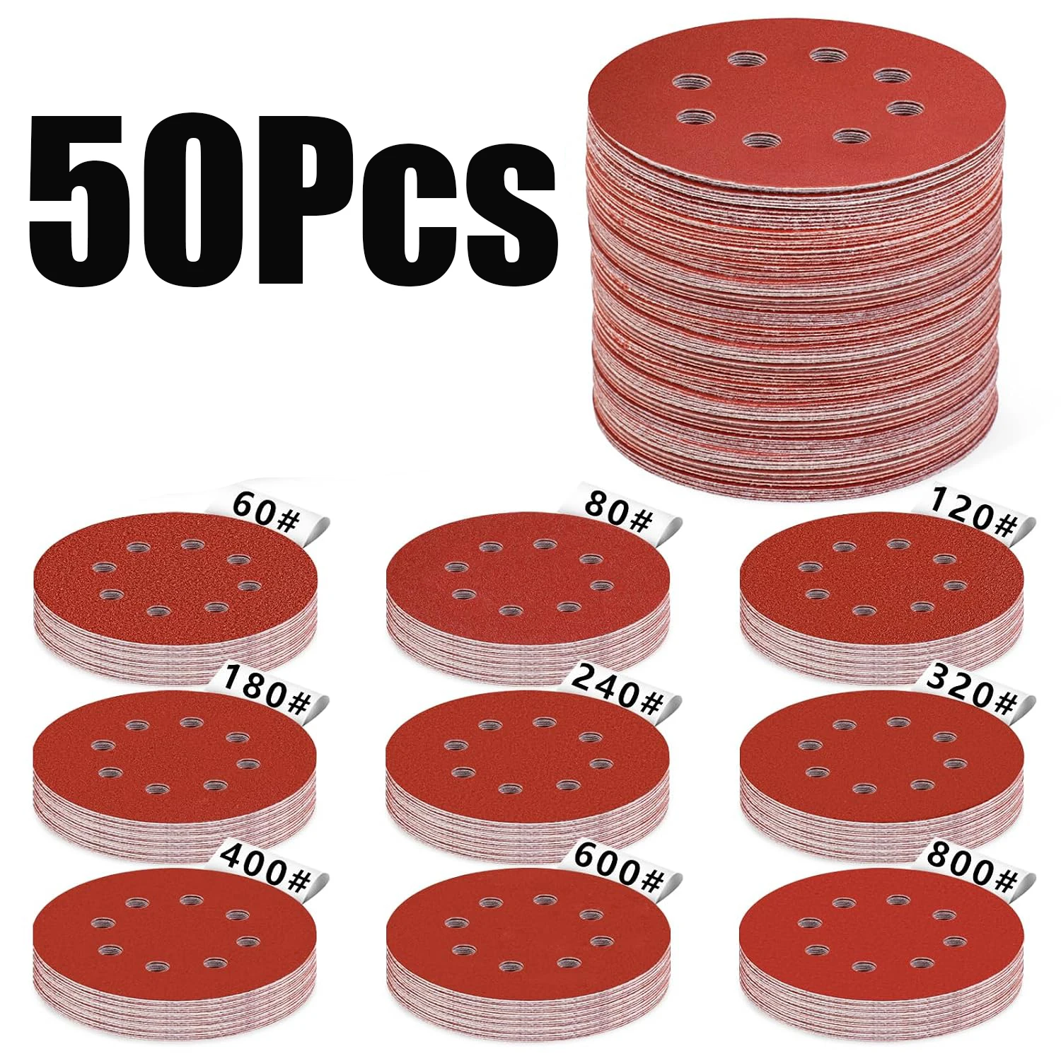 5 Inch 8 Holes Hook and Loop Sanding Discs 50Pcs Mixed Grit 60-800, Sandpaper for Random Orbital Sander