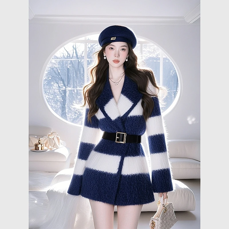 Nouveau haut de gamme tempérament mince manteau femmes mode à manches longues rayé contraste couleur élégant bureau dame veste tricoté vêtements d'extérieur