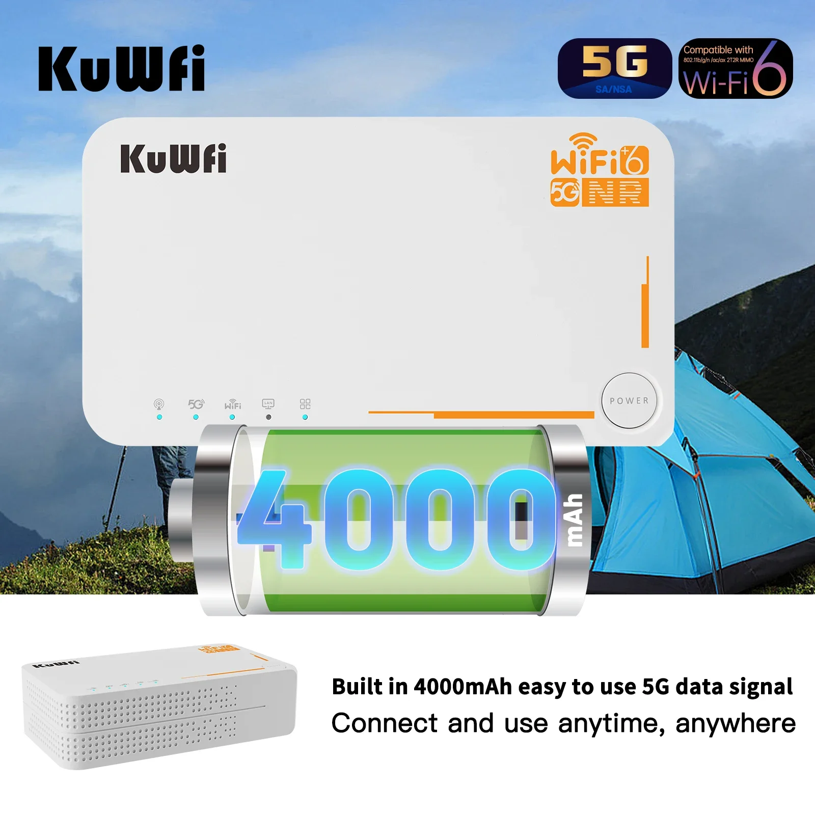 KuWFi C160 Unlocked Portable 5G CPE Router Ax3600 4000mAh Battery WiFi 6 Pocket Router Supporting 2.4G/5G Frequency Mobile Use