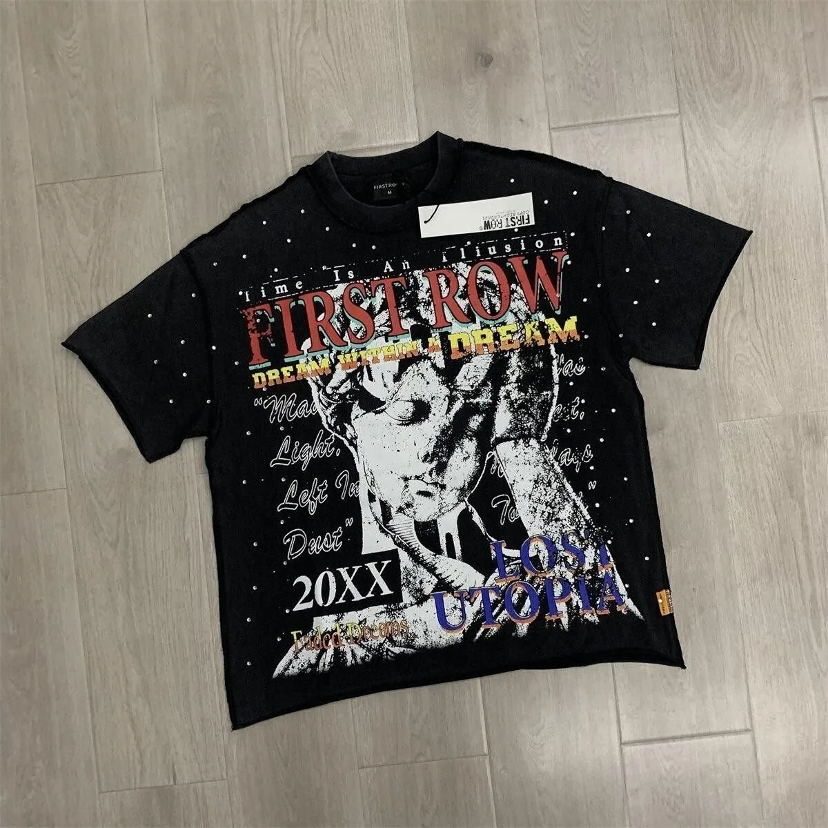 First Row  American-style streetwear full-dazzle diamond-print short-sleeved T-shirt, loose, retro distressed round-neck top