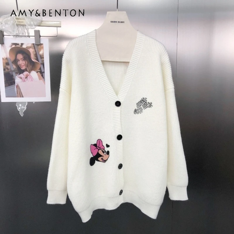 

2025 Autumn Winter Cool Sweet V-neck Loose Cartoon Letter Front And Back Print Knitted Sweater Loose Long Sleeves Knitwear Women