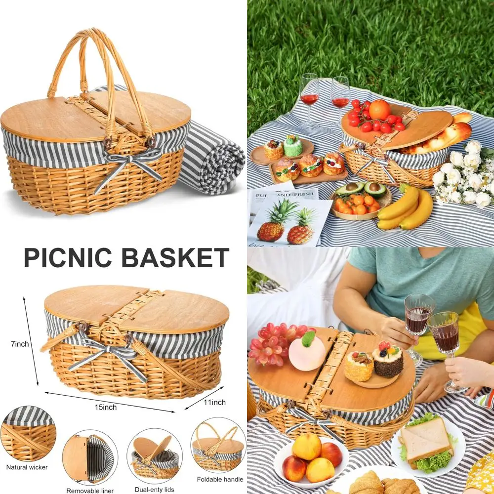 Juego de cesta de picnic de mimbre vintage con manta extraíble, tapa y asa, construcción tejida de madera resistente con forro lavable