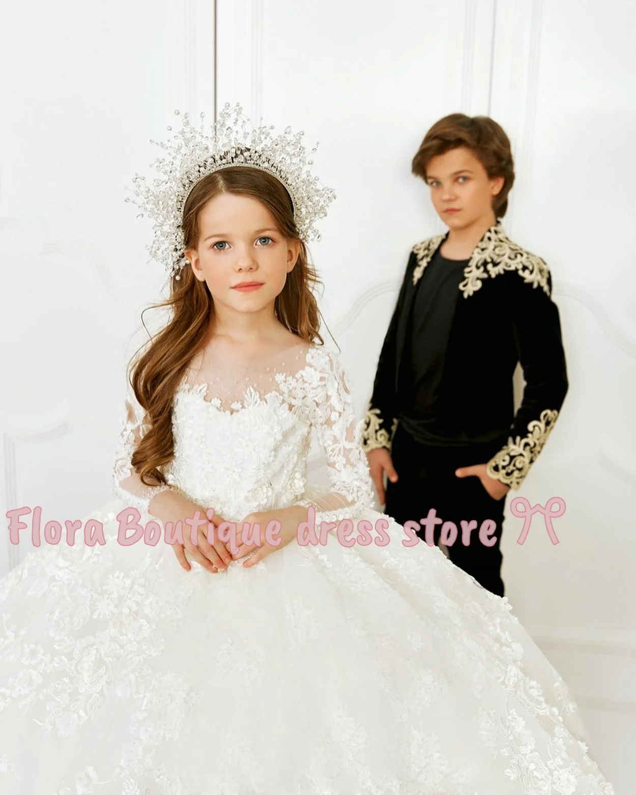 어린이를위한 리본이 달린 꽃의 소녀 드레스 긴 소매 결혼식 파티 공주 드레스 첫 성찬식 공식 쉬폰 볼 가운