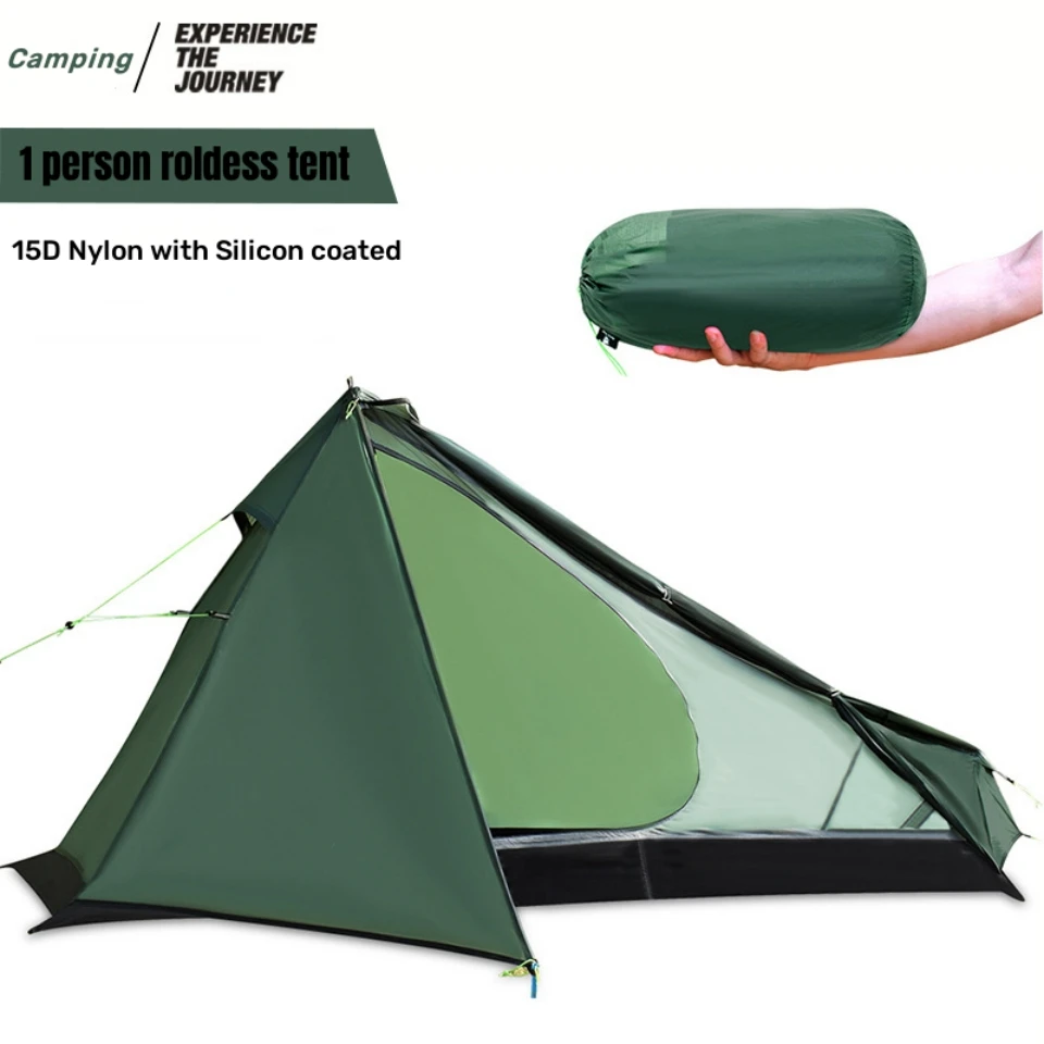 

Wholesale Single Person Camping Tent Outdoor 15D Nylon With Silicon Coated Rainproof PU6000+ Rodless Pyramid Tent Lightweight