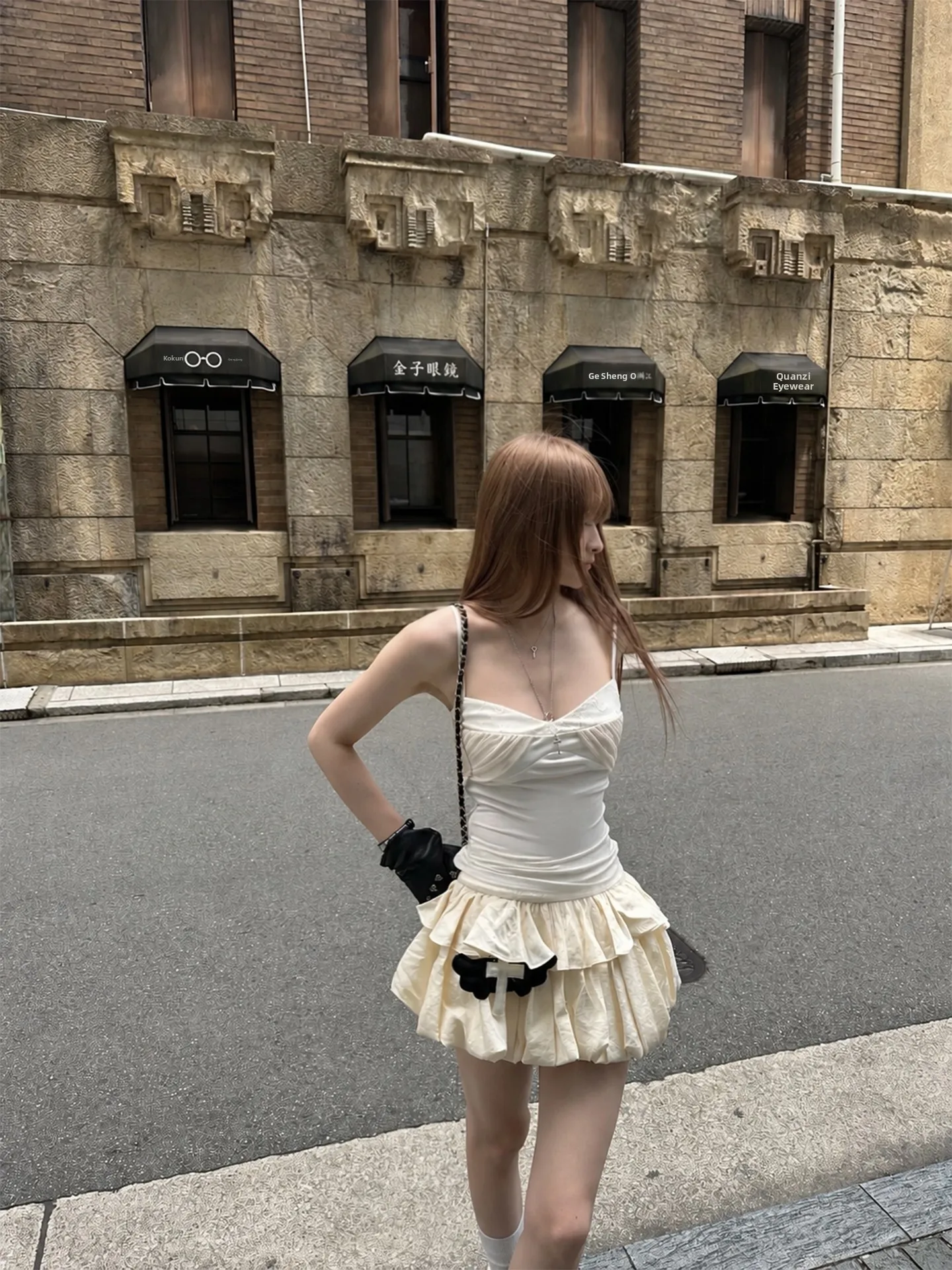 Low Waist Bubble Skirt in Beige with Flower Bud Design Women's Semi-Formal Frock with Inner  mid Waist Gathered Skirt