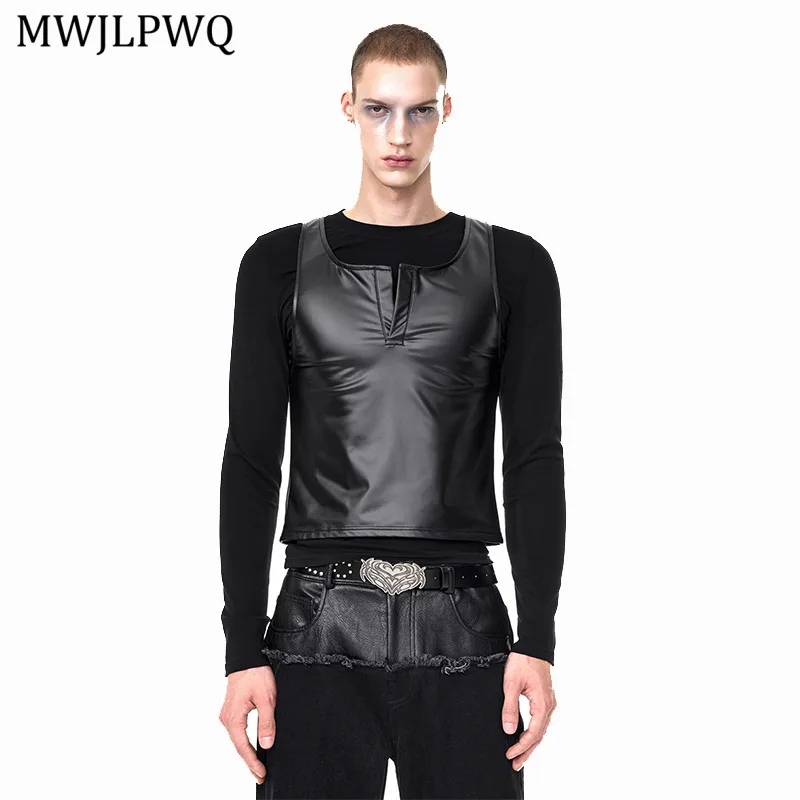 

MWJLPWQ Real Two-piece Design Sense Long Sleeve T-shirt Men's High Street Autumn High-end Black Slim Fit Layer Base Tops 11588