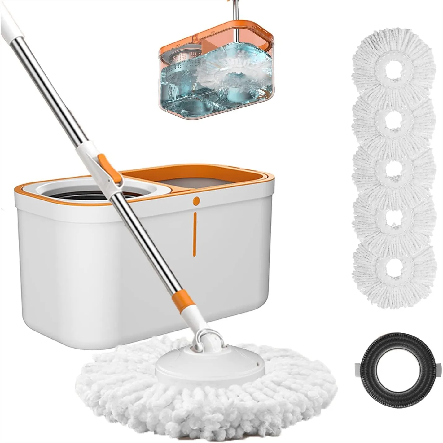 

Floor Spin Mop and Bucket Set with Wringer System, 61" Stainless Steel Handle, 5 Refill Heads & Brush, for Home Cleaning