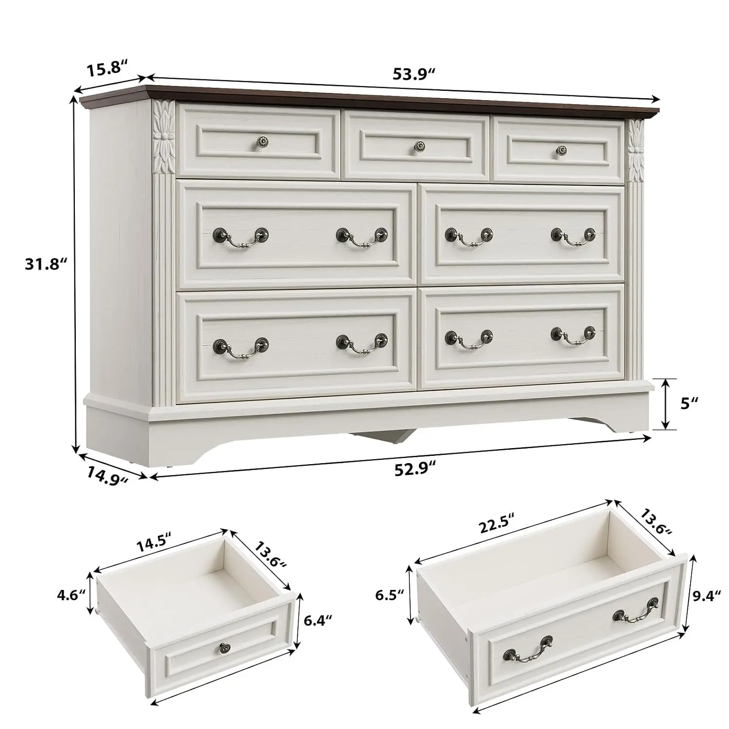 Antique White Dresser for Bedroom, Farmhouse 7 Chest of Drawers Cabinet Organizer with Carved Design, Customized