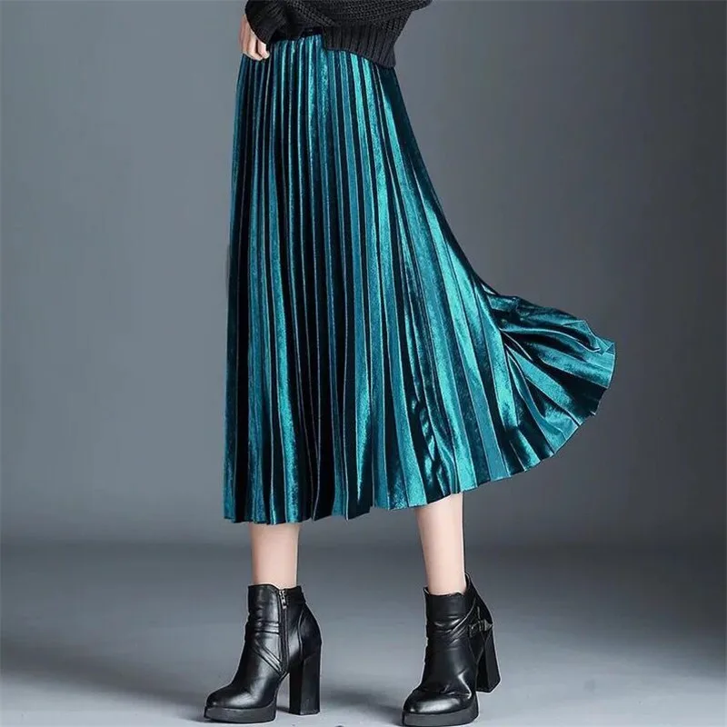 Women velour pleated skirt 2025 Autumn high waist gold velvet skirt elastic fashion sweet skirt elegant skirt winter vestidos
