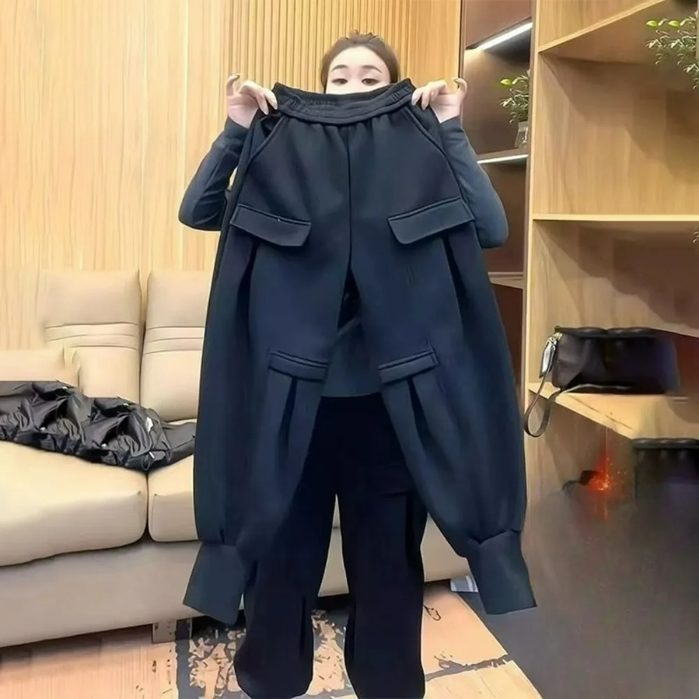 Women's Black Fleece-Lined Cargo Joggers, Winter Harem Pants with Cuffed Ankle