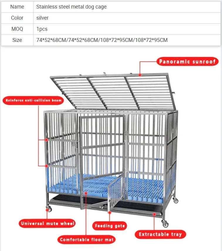 Heavy Duty Rolling Dog Cage Stainless Steel Metal Pet Kennel for Large Dogs