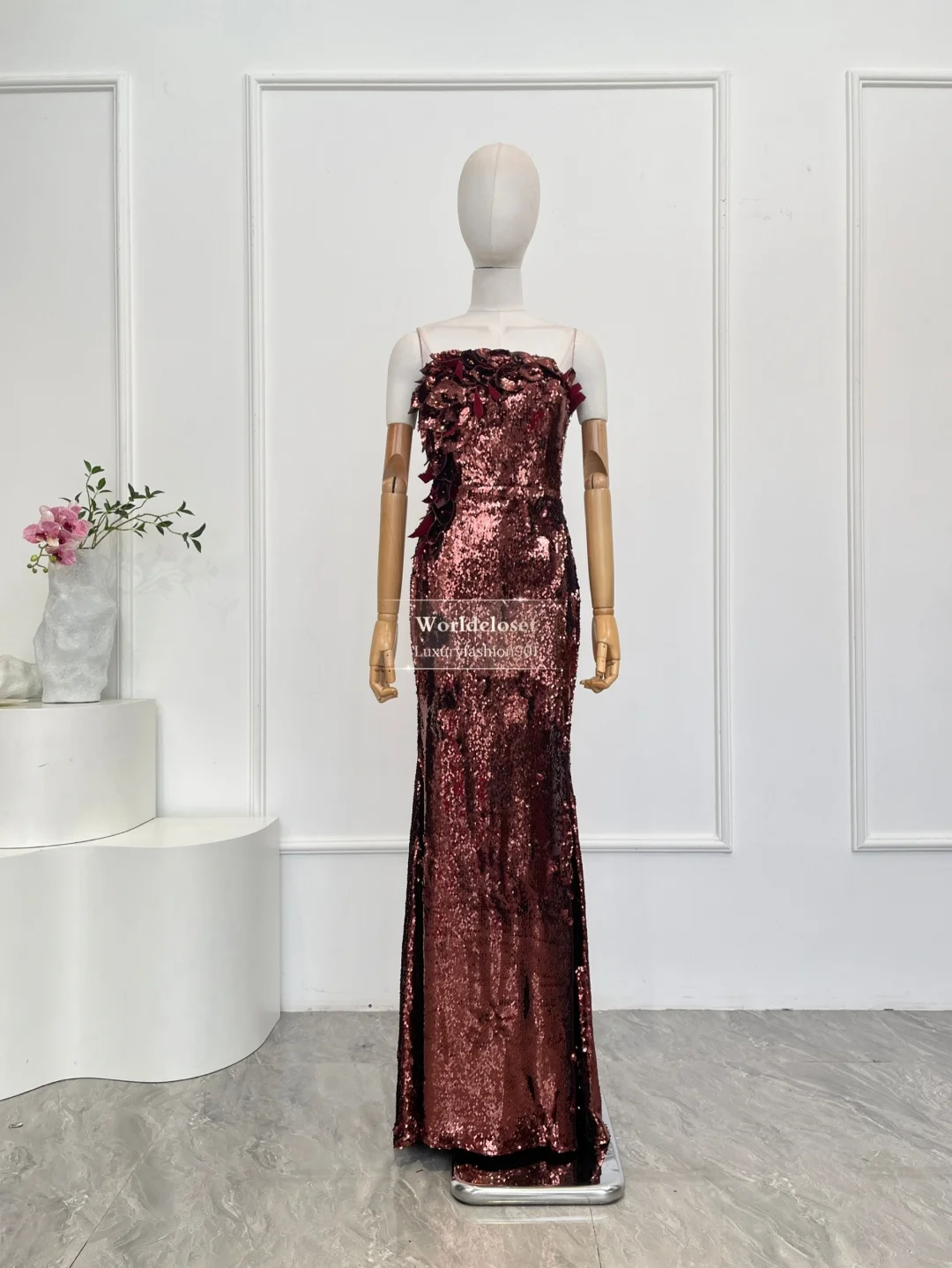 

Red Brown White Sleeveless Sequins Pressed Backless Patchwork Tube Maxi Dresses for Party