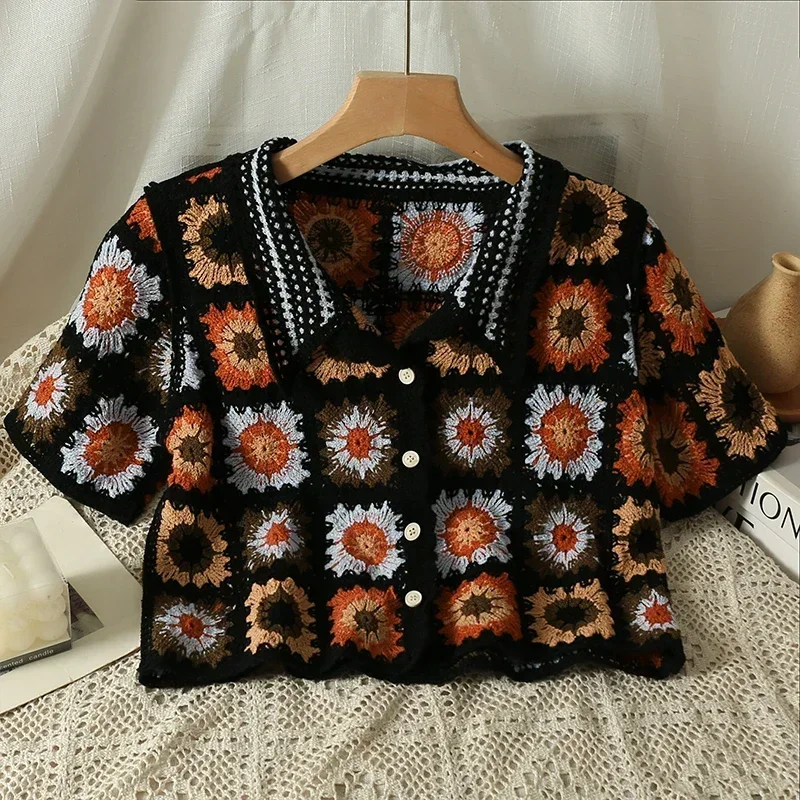 Kimotimo Retro Crochet Flower Short Sleeve Knit Cardigan Women 2024 Summer Lapel Hit Color Fashion Crop Top Trendy Slim Sweater