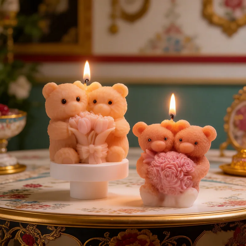 DIY Liebes-Teddybär-Paar Silikon-Kerzenformen 3D Romantisches Bärenpaar Rosen-/Tulpenstrauß-Design Harzform Valentinstagsgeschenk