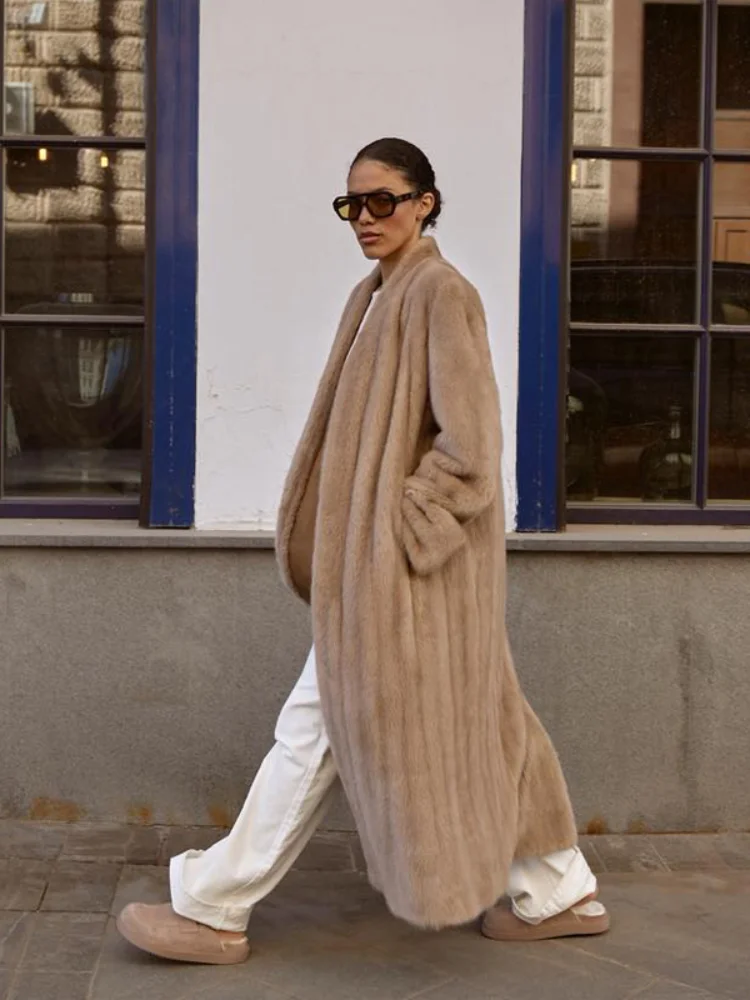 Women Dark Brown Faux Fur Long Coats Solid Open Front Stand Collar Oversized Warm Jacket 2026 Autumn Winter Lady Street Outfit