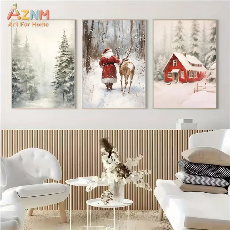 AZNM Vintage Winter Christmas Canvas Wall Art, Santa Claus Deer Snowy Forest Village Pinecone Holiday Print Home Living Room Wal