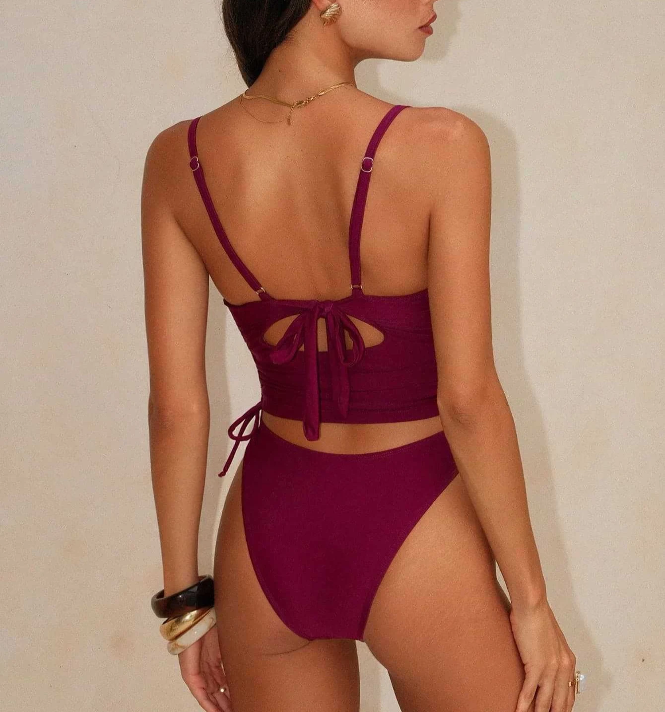 Burgundy Tankini Set for Women – Padded Bra Top Bikini Swimsuit Swimwear Bathing Suit Slimming Adjustable Straps Beach Vacation