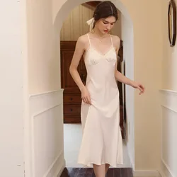 Summer Nightie For Women Sexy Sleeveless Spaghetti Strap Silk Night Dress Lace V-Neck Backless Nigthgown Long Mid-Calf Dress New