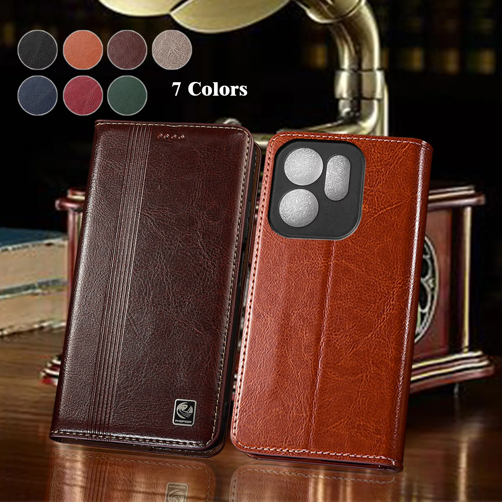 

Genuine Leather Phone Case For OPPO Reno 12 12F 13 14 15 Pro Plus 4G 5G Vertical Line Pattern Of Wallet Flip Cover Case Cowhide