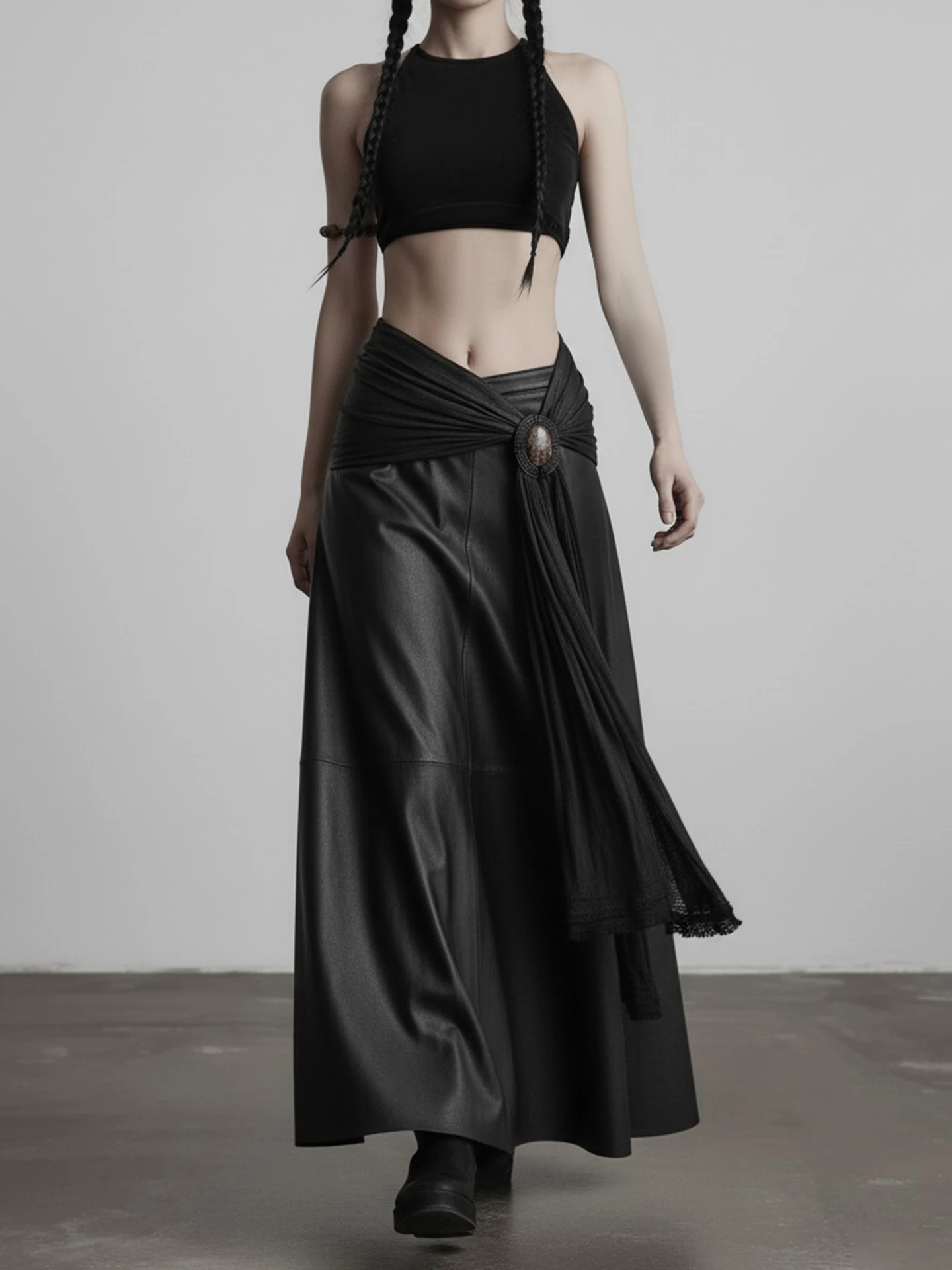 

Юбка WEEKEEP в темном стиле, с поясом, из искусственной кожи, с эффектом похудения, А-силуэт, длинная, для уличной моды, из ПУ-материала