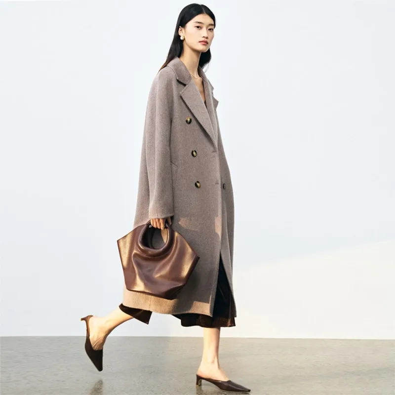 

Новое свободное длинное пальто из твида для женщин, средней длины, с одним рукавом, отложным воротником, двустороннее.