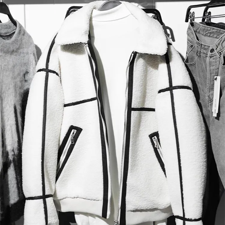 

New 2024 Men's Long Sve Zipper Jaet Fce Lined Loose Fit Contrast Color Leather And Fur Inteated Winter Outerwear
