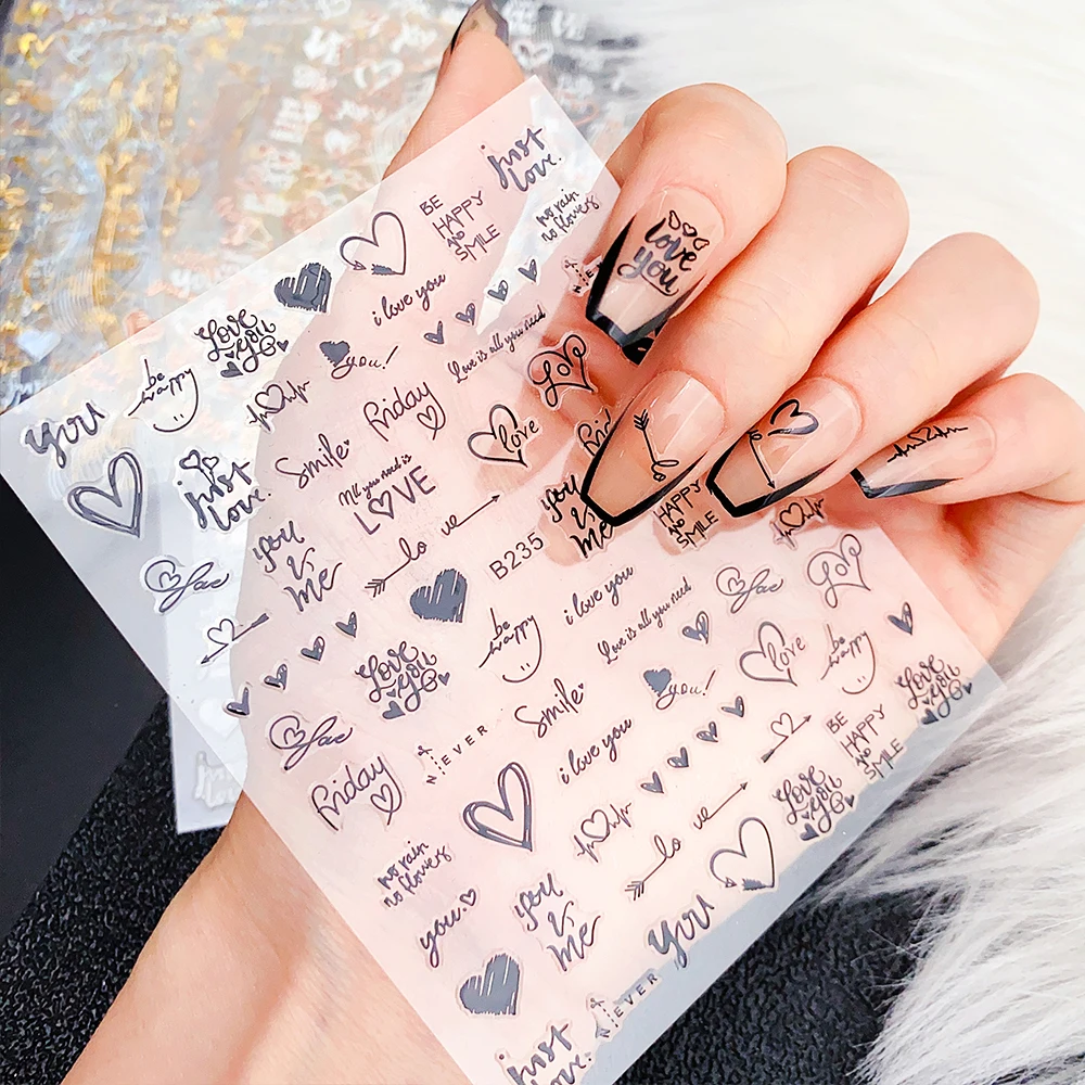 1 Stuk Liefde Hart Nail Sticker 3d Laser Goud Zilver Engels Letter Patroon Valentijnsdag Zelfklevende Nail Art Decoratie # Nls234