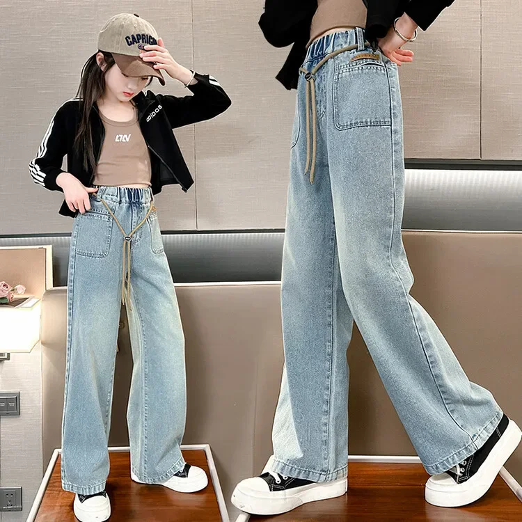 Girls Pants Casual String Jeans Fashion Large Children Straight Leg Wide-leg Pants Autumn 2024 New Model Trousers Bottoms