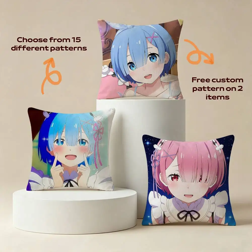Rem Ram Anime R-RE-ZERO Square Sofa Pillow Cover Solid Color Living Room Home Decor Cushion Case