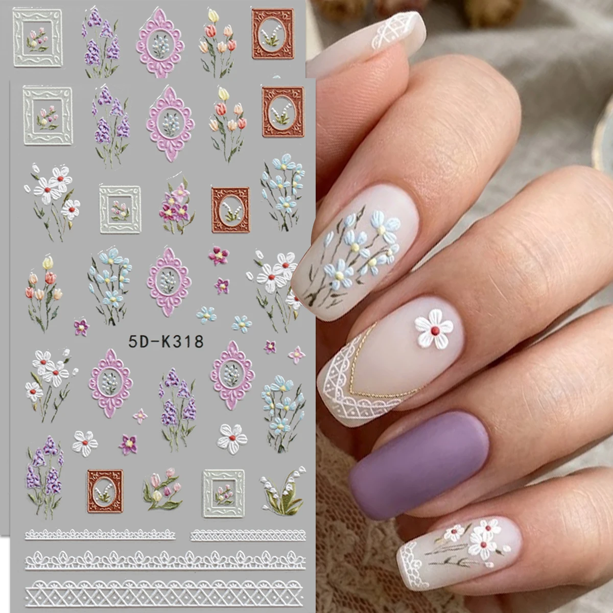 2Pcs 5D Embossed Vintage Floral Nail Stickers, Pastel Pink P