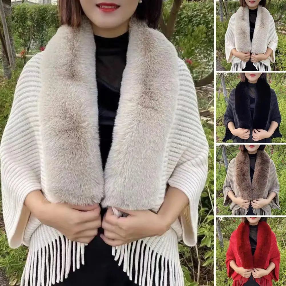 Women Winter Shawl Imitation Rabbit Fur Collar Sweater Solid Color Cardigan Knitted Wool Shawl Sweater Top Elegant Banquet Shawl