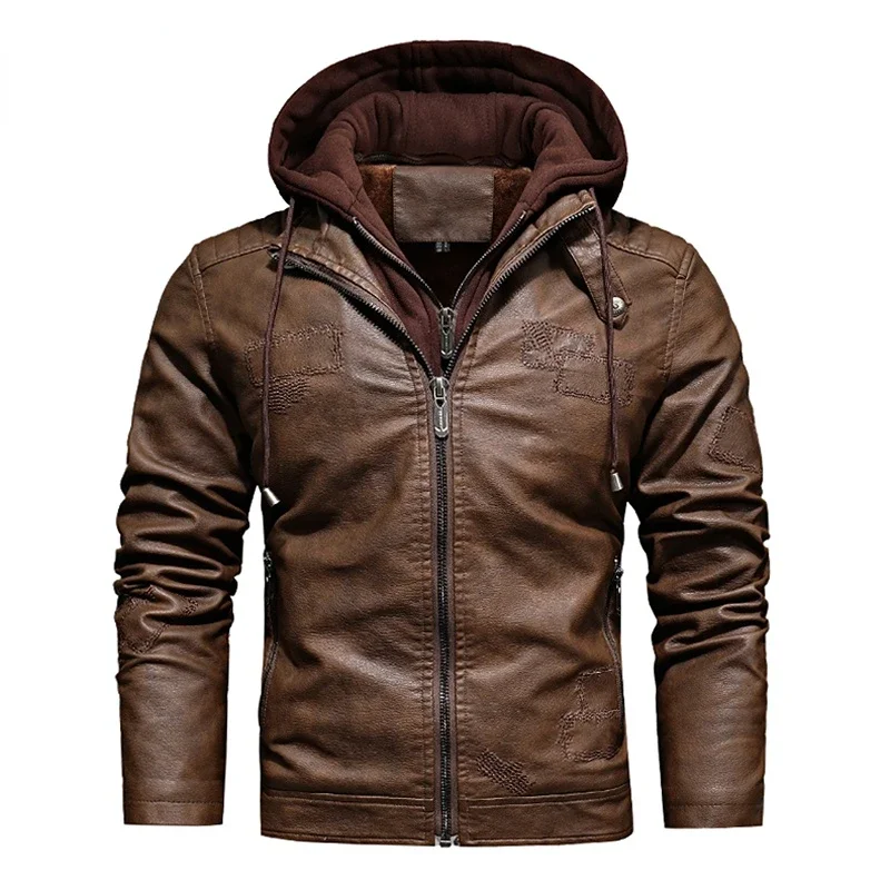 

2023 New Mens Winter Coat Leather Jacket Fleece Wool Liner Warm PU Coat Thicken Men Motorcycle Jackets Hooded Windproof EU Size