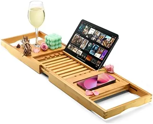 

Luxury Foldable Bath Tray - Waterproof Wooden Caddy for Wine, Book, Phone - Fits Most Tubs