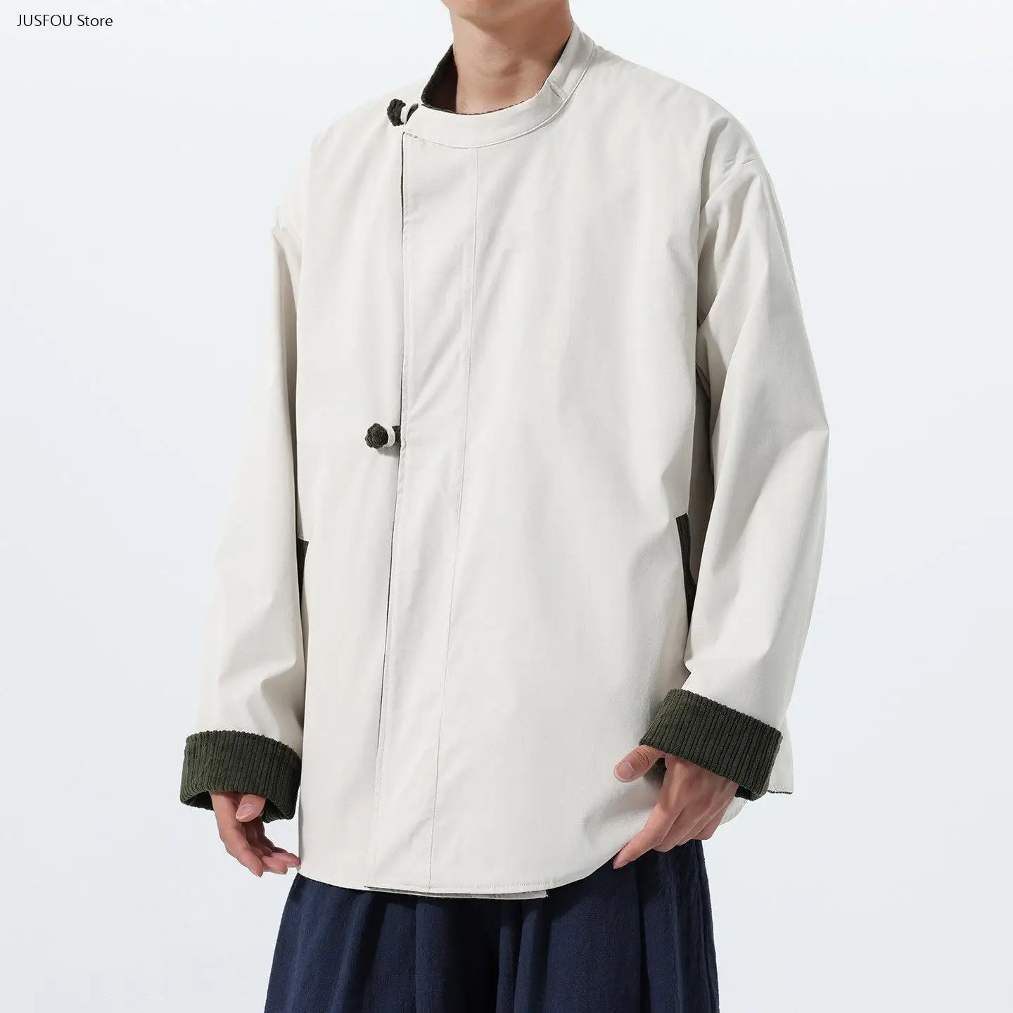 2026 Autumn Winter Men New Chinese Style Reversible Robe Frog Buttons Cardigan Retro Oriental Loose Casual Daily Outerwear Coat