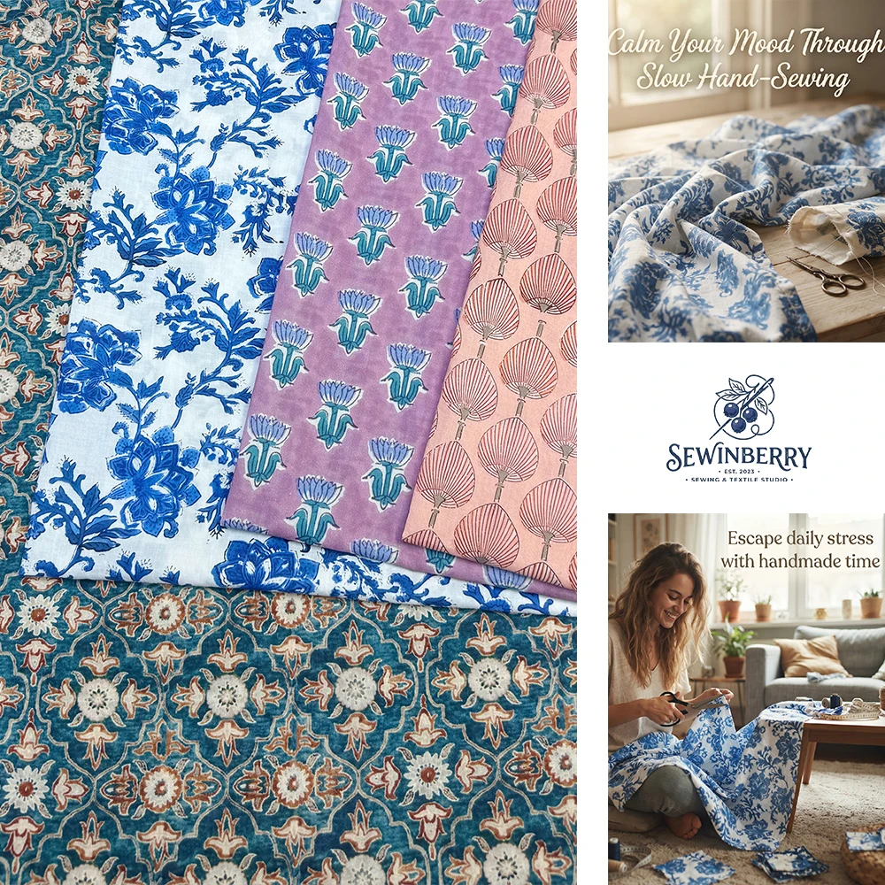 Vintage Sewing Textile - Vintage Ethno-Blumenstoff mit Blockdruck, Stressabbau, DIY-Nähmaterial