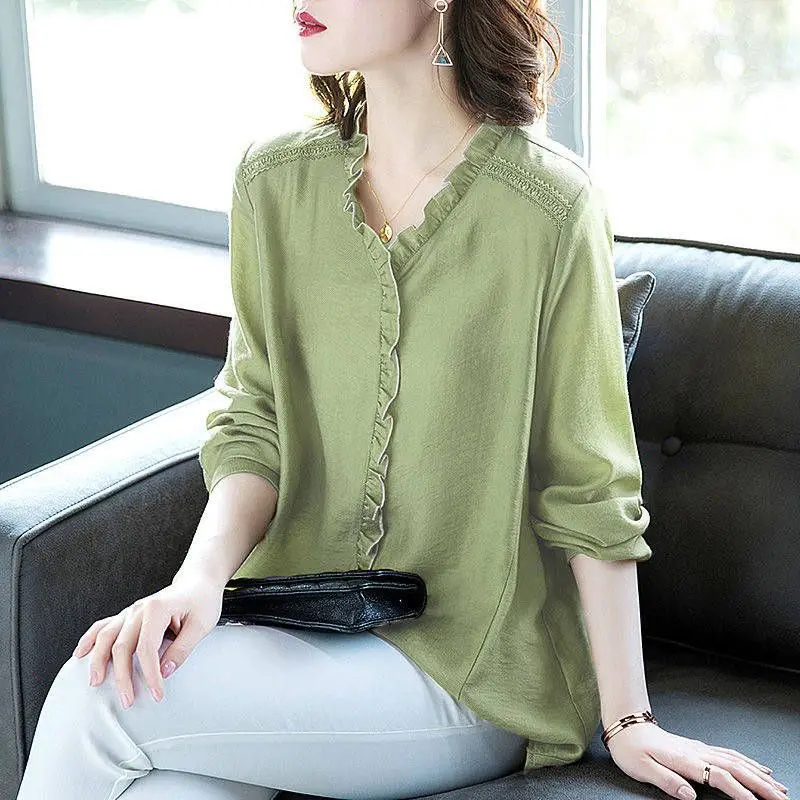 Simplicity Casual Women\'s Long Sleeve Shirt Spring Loose Fashion Spliced V-Neck All-match Solid Color Blouse Female Clothing