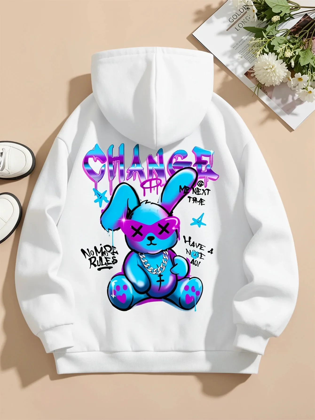 Kids CHANGE Graffiti Blue Bunny X Eyes Hip Hop Double Sided Print Hoodie Boys Girls Loose Streetwear Pullover