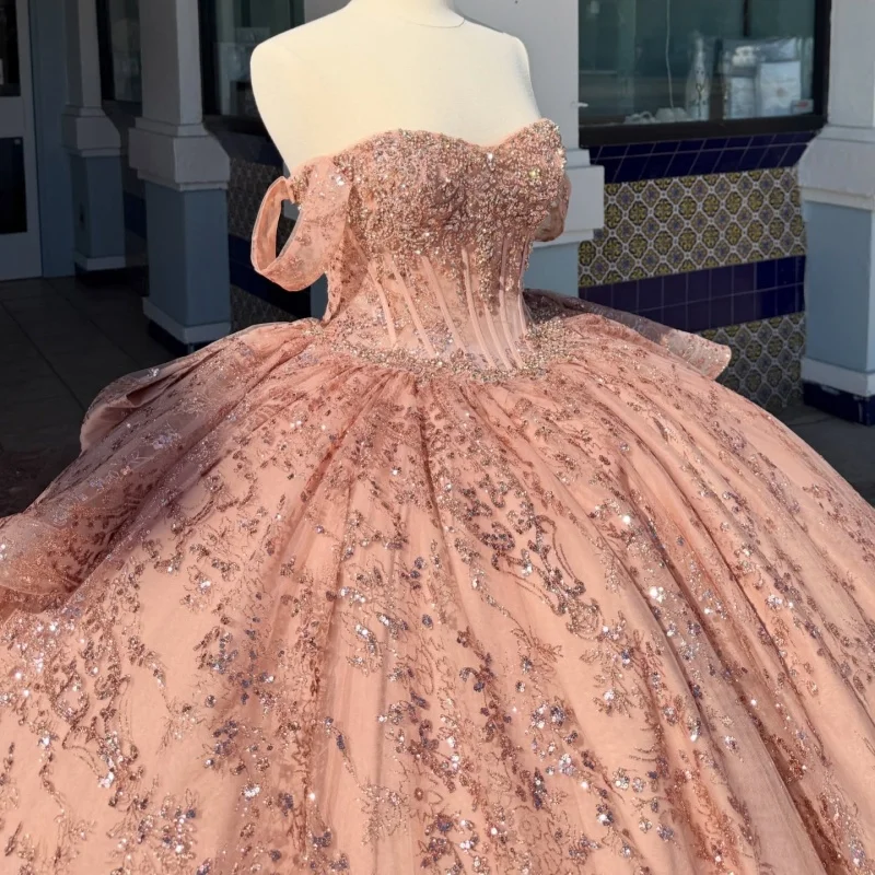 

Rose Gold Quinceanera Dresses Off the Shoulder Decal Crystal Lace Glitter Long tail Bow Vestido De 15 Quinceanera Customize