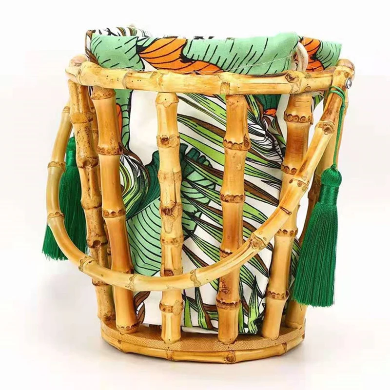 Fashion New Bamboo Woven Bag Summer Round Bamboo Basket Bucket Bag Fringed Bamboo Woven Bag Hand-held Beach Bag