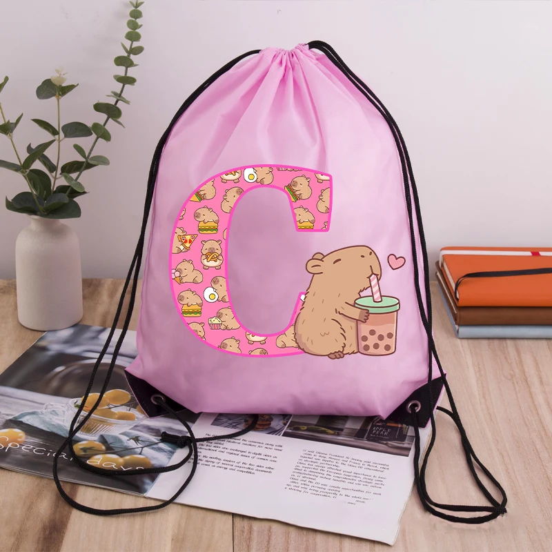 Capibara Girls Drawstring Backpack New Cute Capybara Letter A-Z Storage Bag Kids Outdoor Sport Travel Rucksack Children Gifts