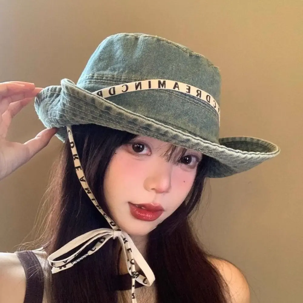 Retro Big Brimmed Denim Bucket Hat Letter Wide Wings Jeans Fisherman Hat With Tie Belt Sunscreen Sunscreen Hat Climbing