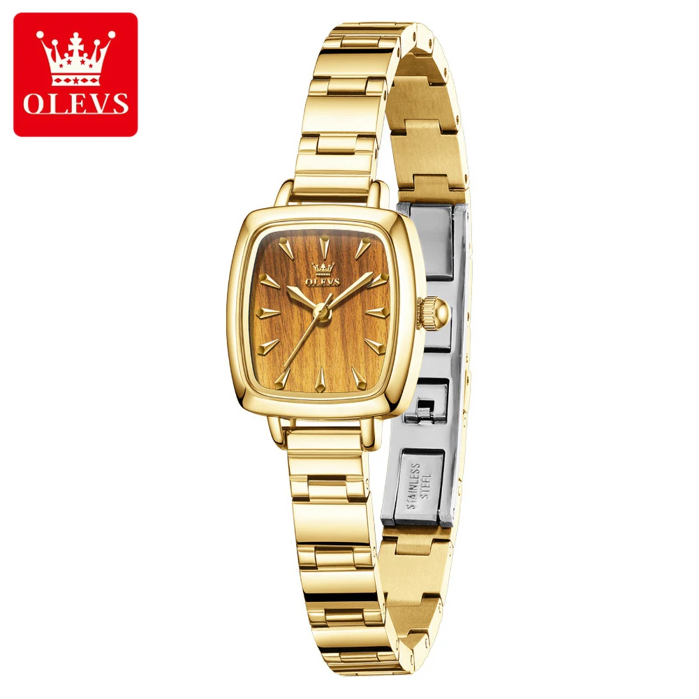 OLEVS 5695 Ladies Watch Luxury Elegant Waterproof Steel Strap Square Dial Quartz Movement Gold Watch for Women