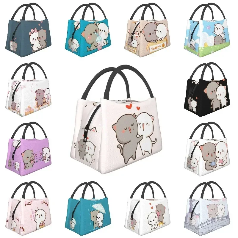 

Kawaii Mochi Cat Peach And Goma Hug Insulated Lunch Bag for Camping Travel Leakproof Thermal Cooler Lunch Box Women