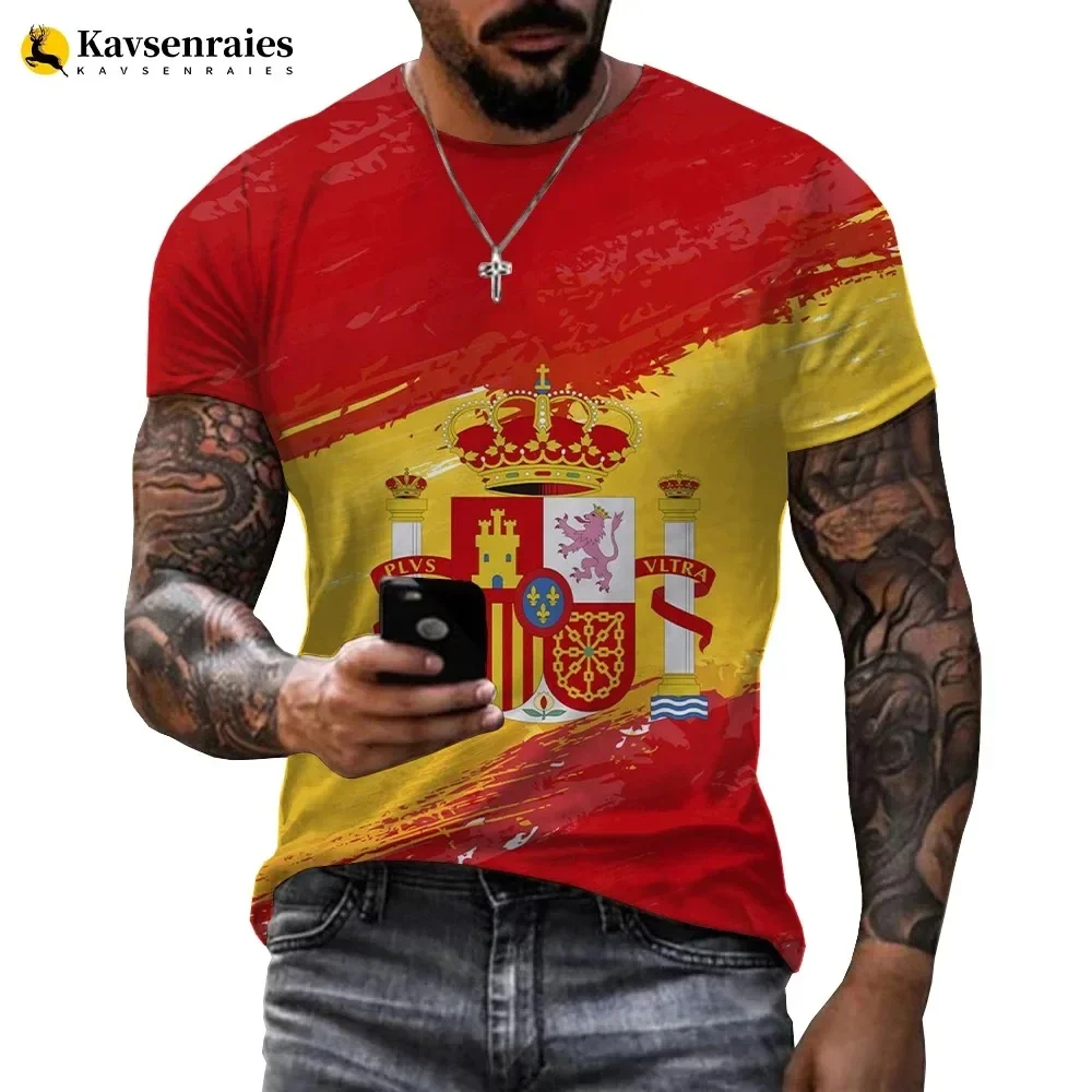 Spanish Flag 3D printed T-shirt, men\'s summer casual fashion fitness lightweight breathable quick-drying jersey, Asian sizes