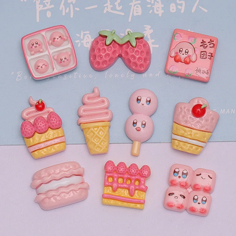 Minihorquilla de dibujos animados Kawaii Rosa Kirby Cake Series, álbum de recortes de resina, joyería Diy, accesorios de decoración artesanal, nuevo, 10 piezas