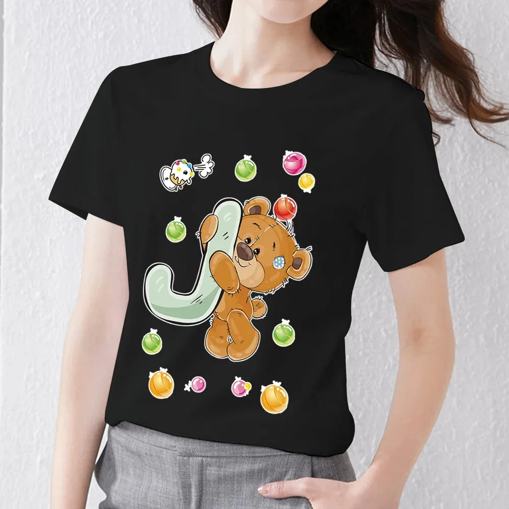 T-shirt oversize da donna in cotone a maniche corte con stampa orsetto e lettere inglesi, stile casual comodo