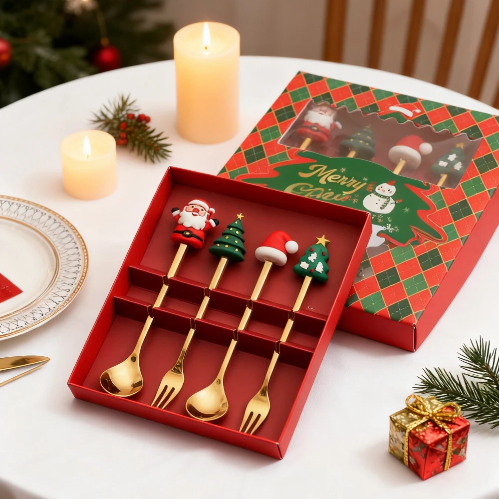 Christmas Cutlery Set Cute Cartoon Christmas Style Spoon Fork Holiday Party Dessert Spoon Stainless Steel Cutlery Gift Box Set